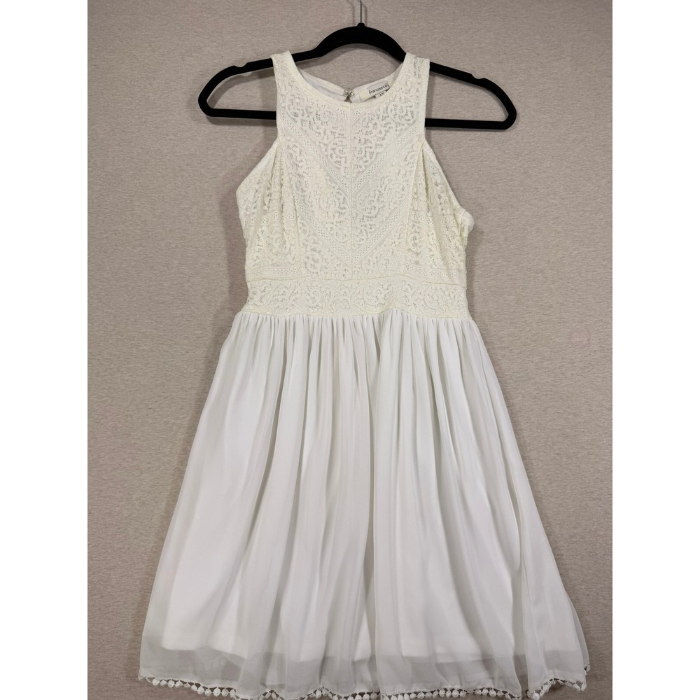 Francesca's Lace Chiffon Dress Women XS Ivory White Excellent Pom Pom Mini